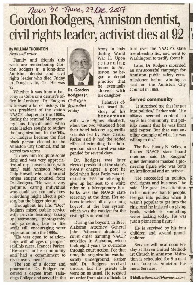 Scanned 2007 Birmingham News obituary of Gordon Rodgers, with a small portrait photo and the headline “Gordon Rodgers, Anniston dentist, civil rights leader, activist dies at 92.”