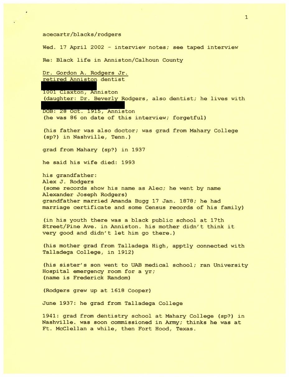 Scanned page 1 of Frederick Burger's typed interview notes, dated April 17, 2002.