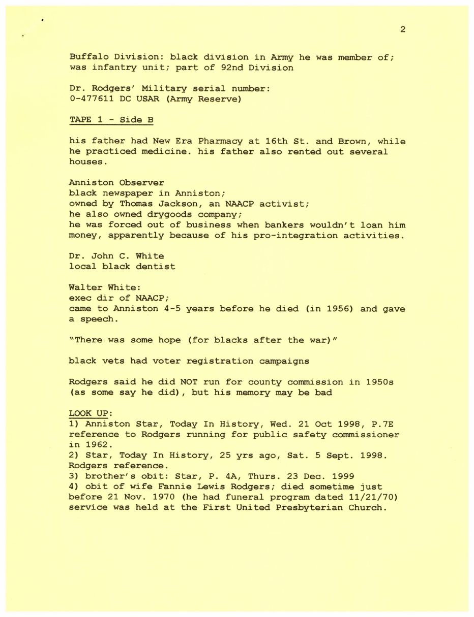 Scanned page 2 of Frederick Burger's typed interview notes, including a research to-do list.