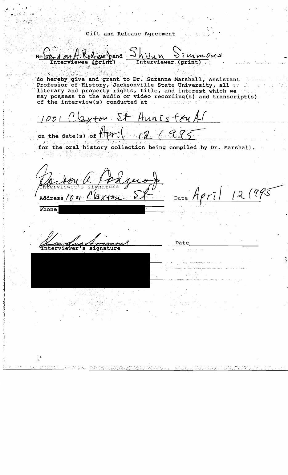 Scanned Gift and Release Agreement signed by Gordon A. Rodgers and Shaun Simmons, April 12, 1995. A black bar covers the interviewer's address and phone number.