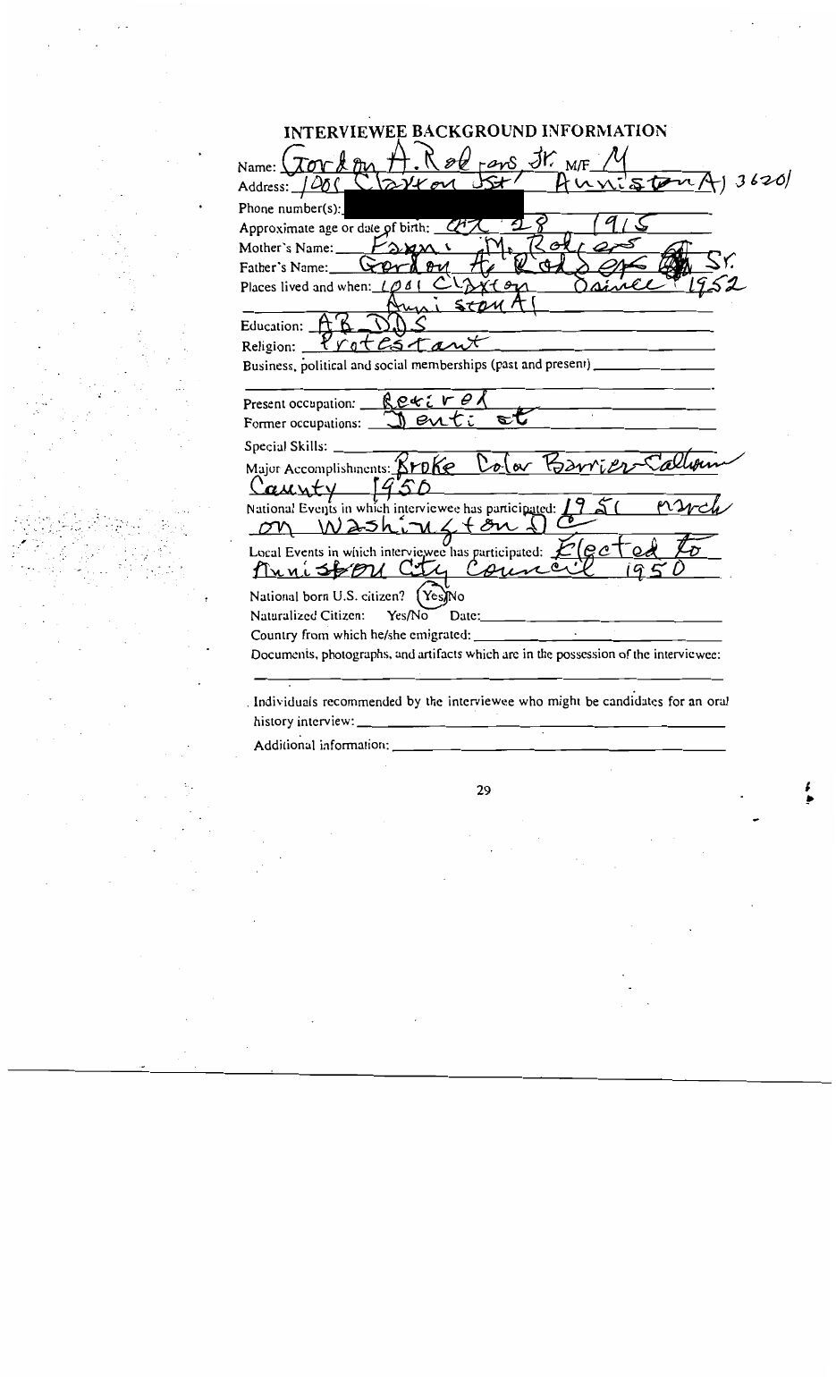 Scanned Interviewee Background Information form, filled out in Dr. Rodgers's handwriting.