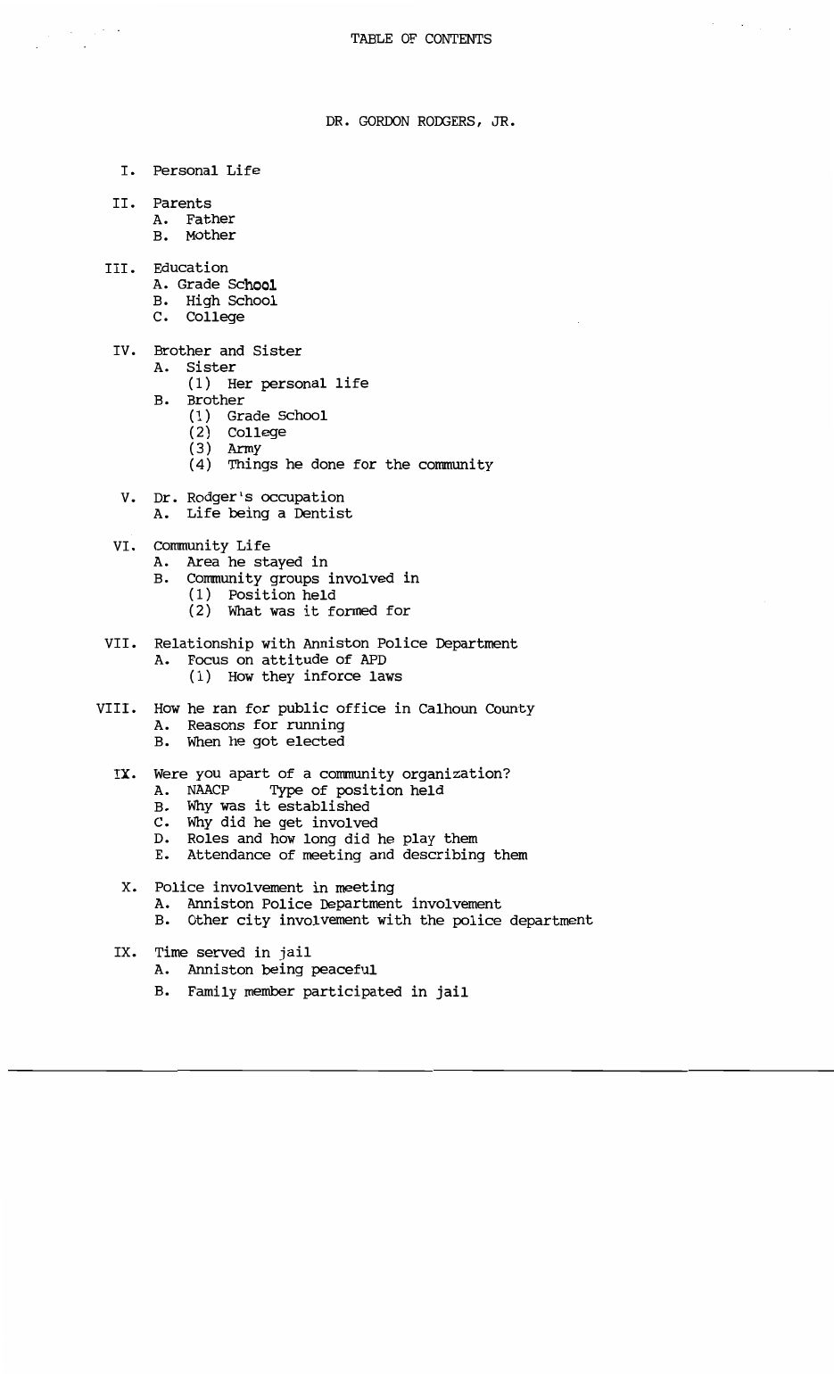 Scanned page 1 of the interview table of contents, listing topics I through the section on jail time.