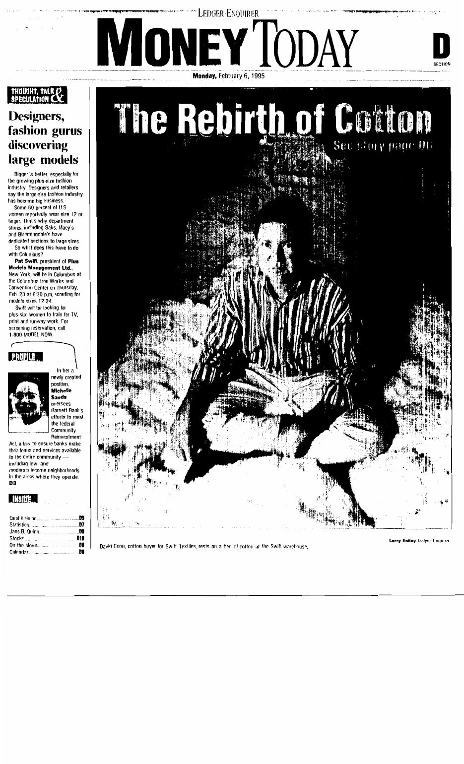 Front page of the Ledger-Enquirer's Money Today section, February 6, 1995, with a small photo and caption introducing Michelle Sands.