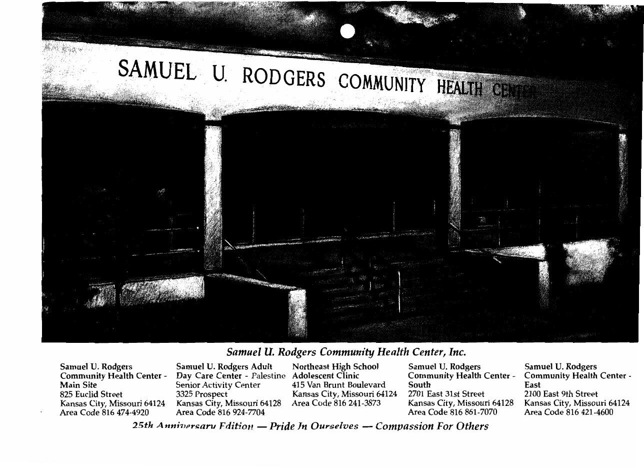 Cover of the Samuel U. Rodgers Community Health Center brochure, showing the health center's entrance sign, rotated upright for readability from the original sideways scan.
