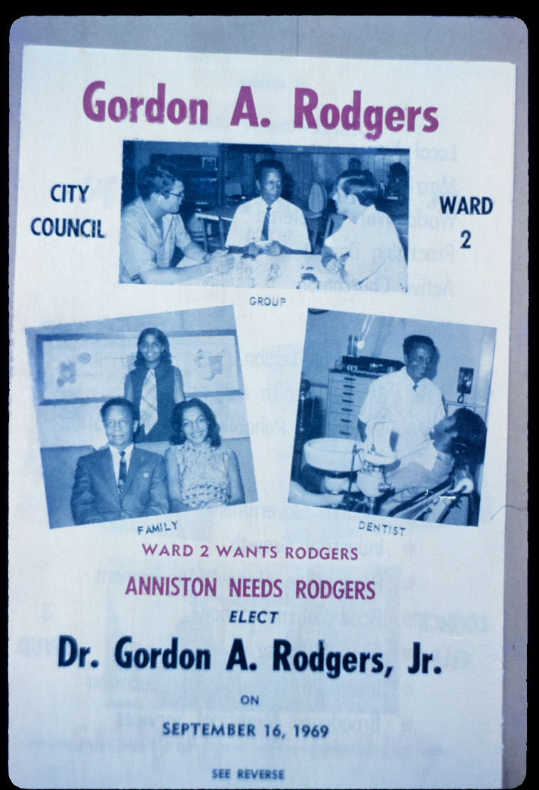Campaign flyer reading “Elect Dr. Gordon A. Rodgers, Jr. on September 16, 1969,” with three photographs labeled Group, Family and Dentist.